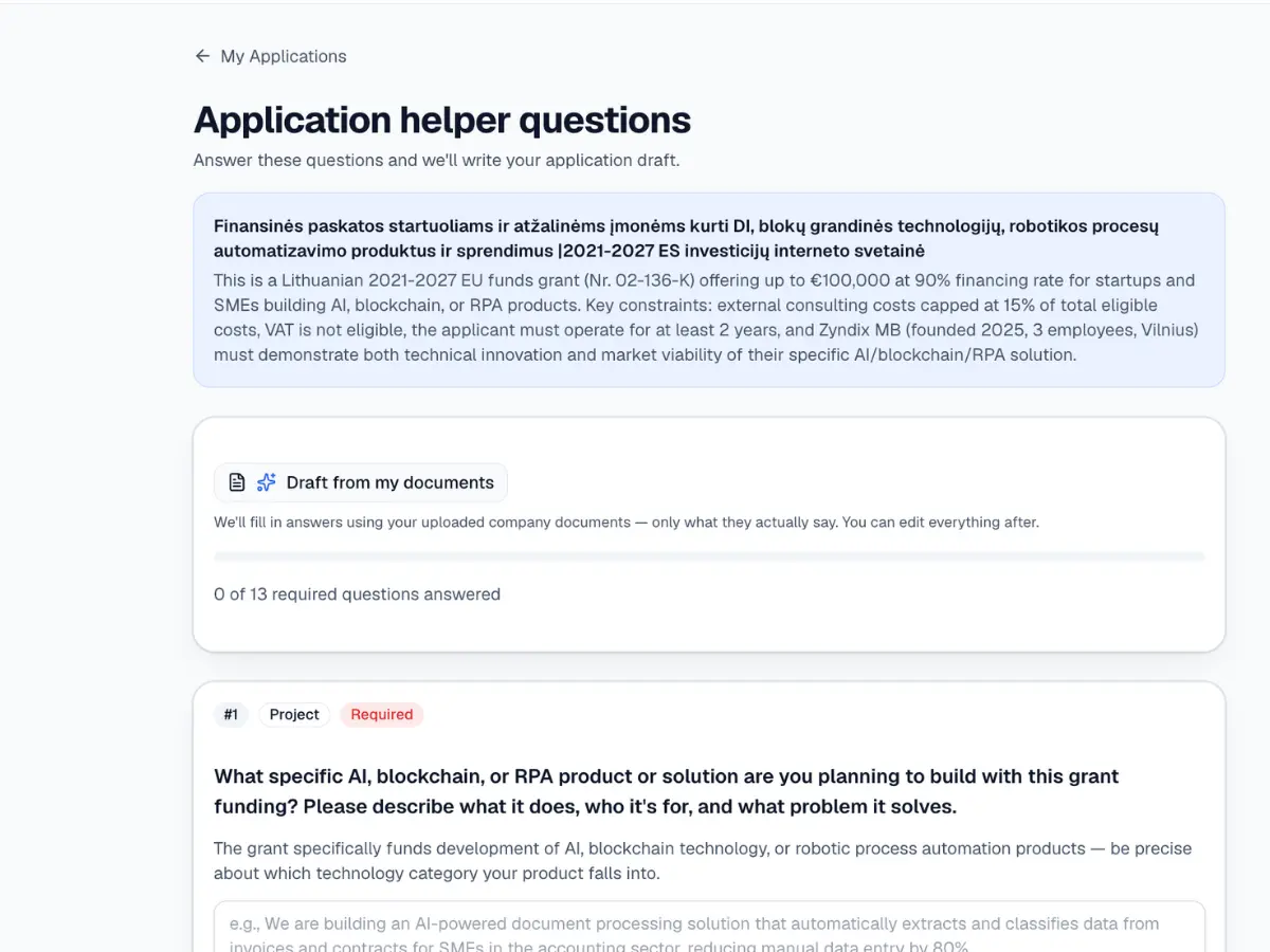 Your application, drafted in minutes — not weeks